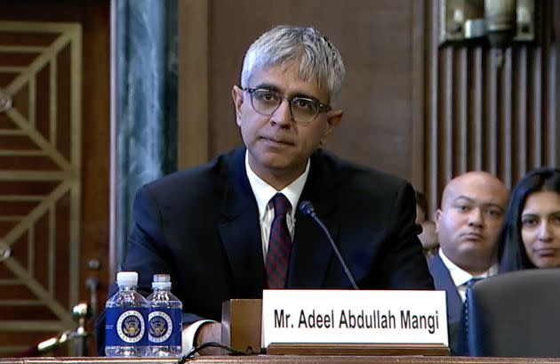 President Joe Biden's judicial nominee Adeel Mangi testifies during his Senate Judiciary Committee nomination hearing on Dec. 13, 2023.