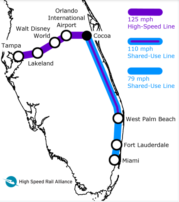 Brightline's train route will go from South Florida stations north to Cocoa and then west to Orlando. A future route is planned to Tampa.