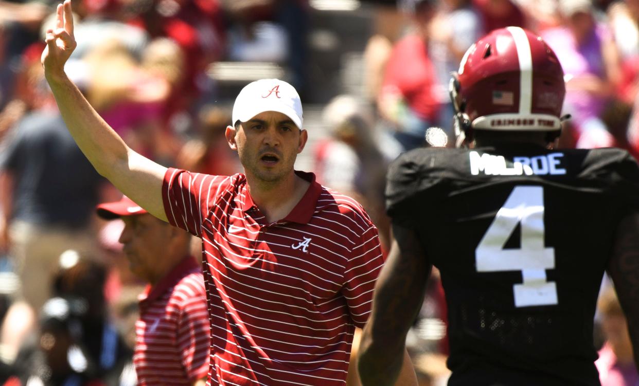Apr 22, 2023; Tuscaloosa, AL, USA; Alabama offensive coordinator Tommy Rees yells instructions during the A-Day game at Bryant-Denny Stadium. 