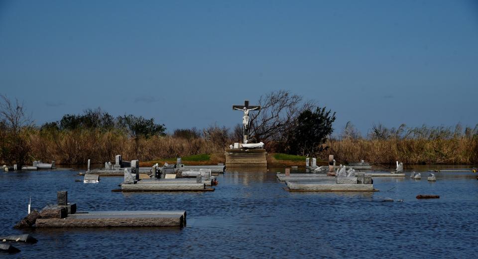 The cemetery at Our Lady Star of the Sea Catholic Church in Cameron, Louisiana, is flooded on Saturday, Oct. 10, 2020, following Hurricane Delta moved through the area.