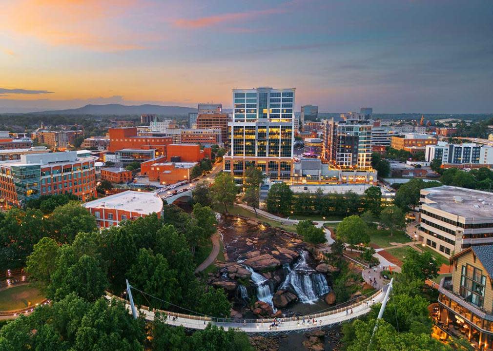 Greenville, South Carolina at Falls Park on Reedy Creek at dusk