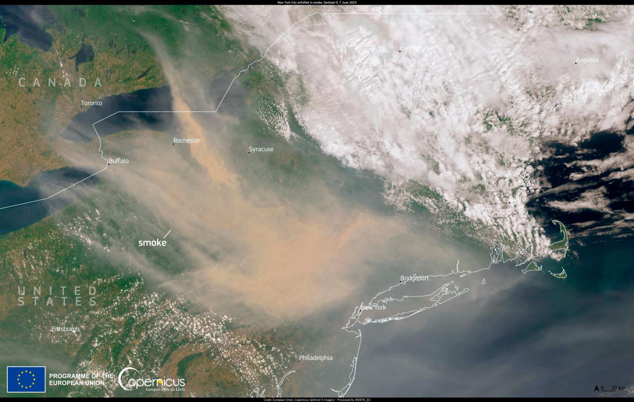 The vast smoke cloud engulfing parts of Canada and the US Northeast this week (European Union, Copernicus Sentinel-3 imagery)