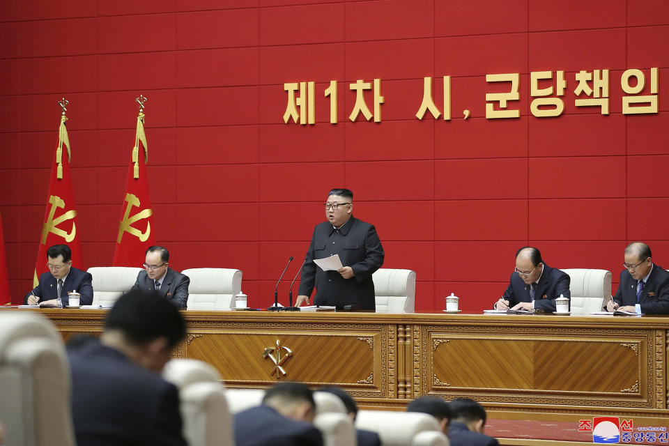 In this photo provided by the North Korean government, North Korean leader Kim Jong Un, center, delivers a speech during a workshop of chief secretaries of city and county committees of the ruling Workers' Party in Pyongyang, North Korea, Wednesday, March 3, 2021. North Korea may be taking steps to extract plutonium to manufacture more nuclear weapons at its main atomic complex, recent satellite photos indicated, weeks after Kim vowed to expand his nuclear arsenal to cope with what he called U.S. hostility. Independent journalists were not given access to cover the event depicted in this image distributed by the North Korean government. The content of this image is as provided and cannot be independently verified. Korean language watermark on image as provided by source reads: "KCNA" which is the abbreviation for Korean Central News Agency. (Korean Central News Agency/Korea News Service via AP)