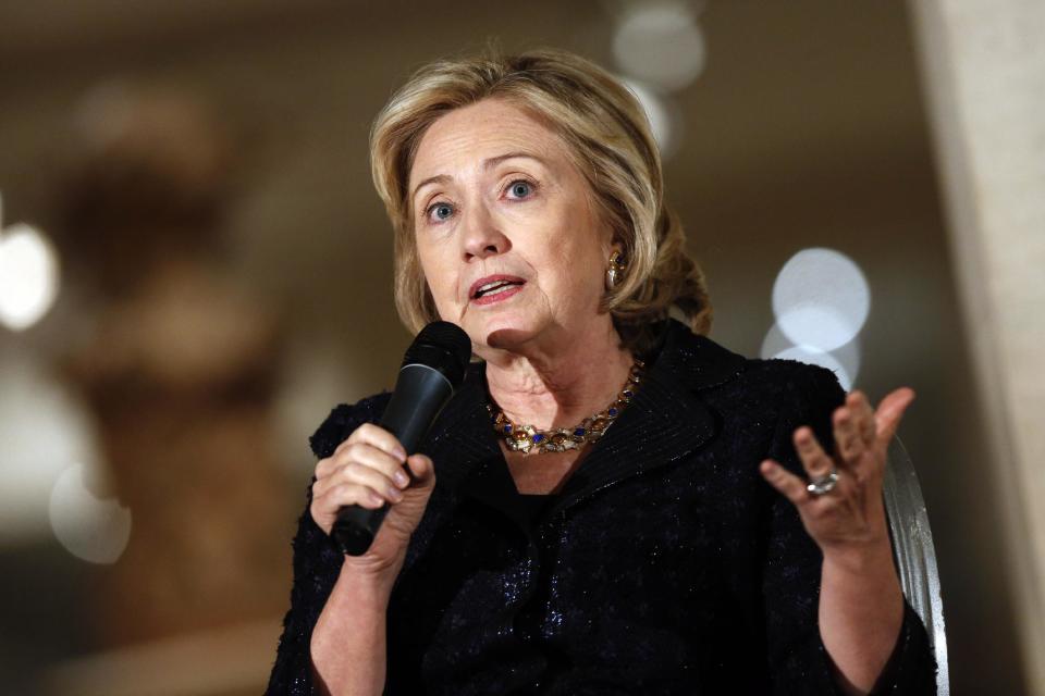 FILE - In this Dec. 4, 2013, file photo, former Secretary of State Hillary Rodham Clinton speaks in New York. Clinton hasn't announced whether she will run for president in 2016, but her supporters in early voting Iowa started organizing Saturday anyway. Top Iowa Democrats gathered in Des Moines Saturday, Jan. 25, 2014, for an event aimed at generating support for a potential Clinton campaign.(AP Photo/Jason DeCrow, File)