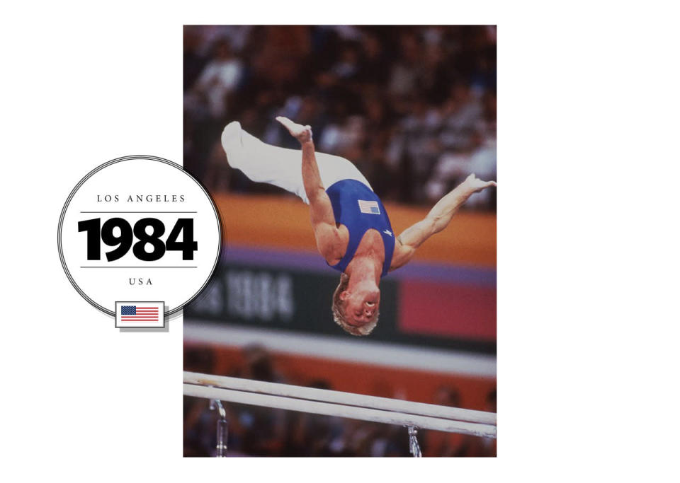 U.S. gymnast Bart Conner stands out in a bright blue singlet at the 1984 Games, which were boycotted by many countries, including the Soviet Union. 