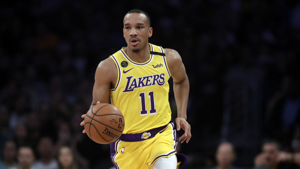 Los Angeles Lakers' Avery Bradley (11) during the first half of an NBA basketball gameagainst the New Orleans Pelicans Tuesday, Feb. 25, 2020, in Los Angeles. (AP Photo/Marcio Jose Sanchez)