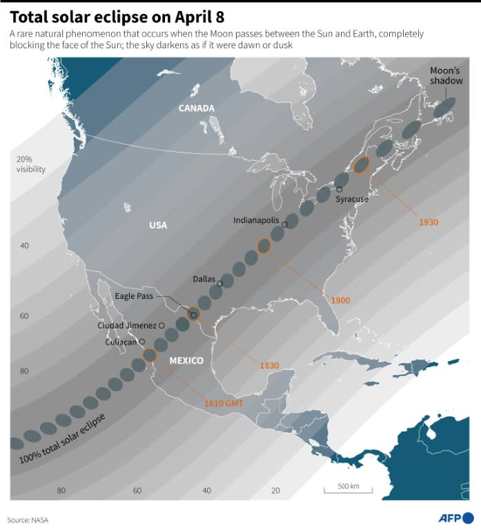 Map showing the areas where the shadow of the Moon will pass during the total solar eclipse in Mexico, US and Canada on April 8 (Gal ROMA)