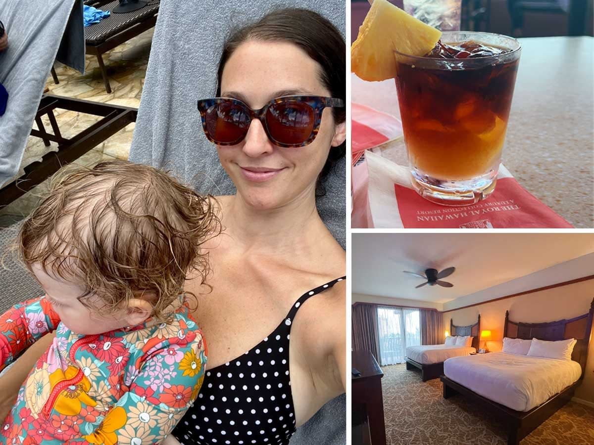 A collage of pictures of a woman and her daughter on a pool chair, a drink, and a hotel room.