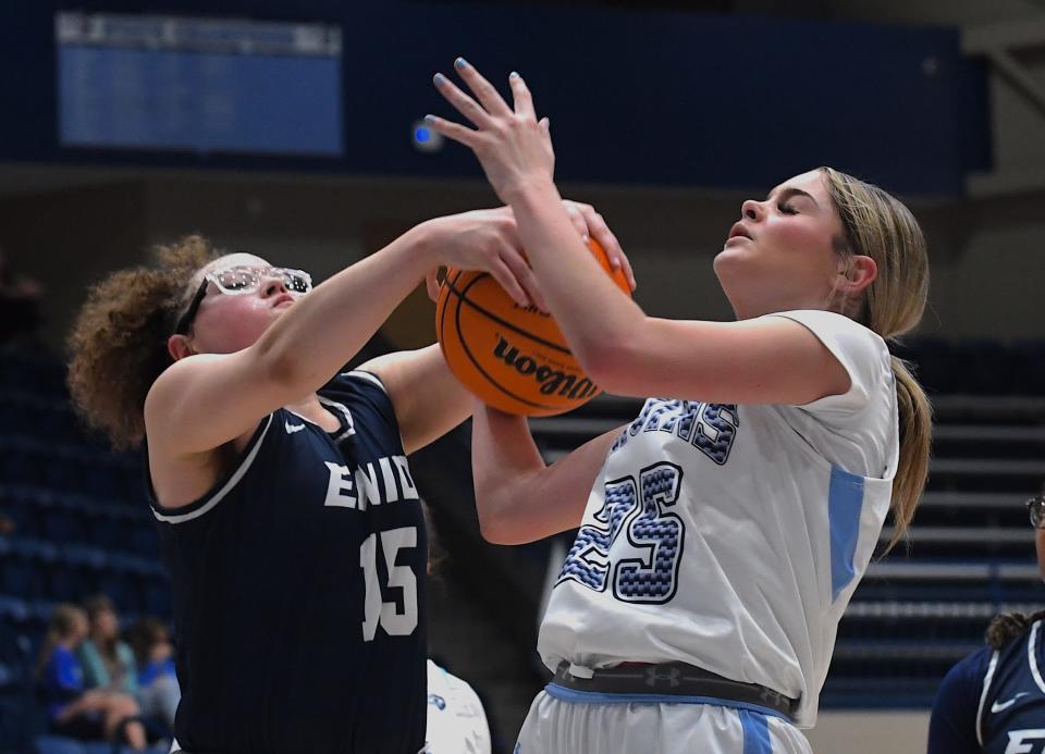 Bartlesville High School's Kennedy Nuble (25) rebounds during basketball action against Enid in Bartlesville on Feb. 2, 2024.