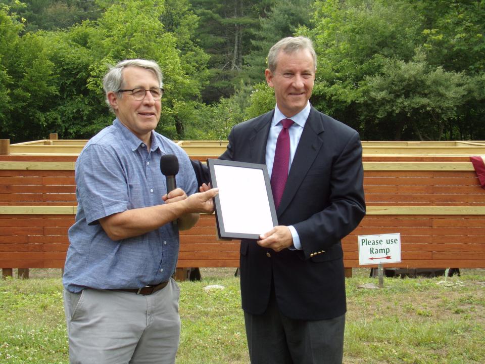 U.S. Congressman Matt Cartwright (PA-8th), at right, presents a certificate of recognition to Tom Colbert for the Wayne County Historical Society on the occasion of the June 17 dedication of the full-scale canal boat replica at the Society's D&H Canal Park at Lock 31. The park is along Route 6 one mile west of Hawley and is open daily for walks on the trails.