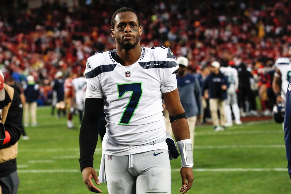 Seattle Seahawks quarterback Geno Smith (7) walks off the field after an NFL wild card playoff football game against the San Francisco 49ers in Santa Clara, Calif., Saturday, Jan. 14, 2023. The 49ers won 41-23. (AP Photo/Josie Lepe)
