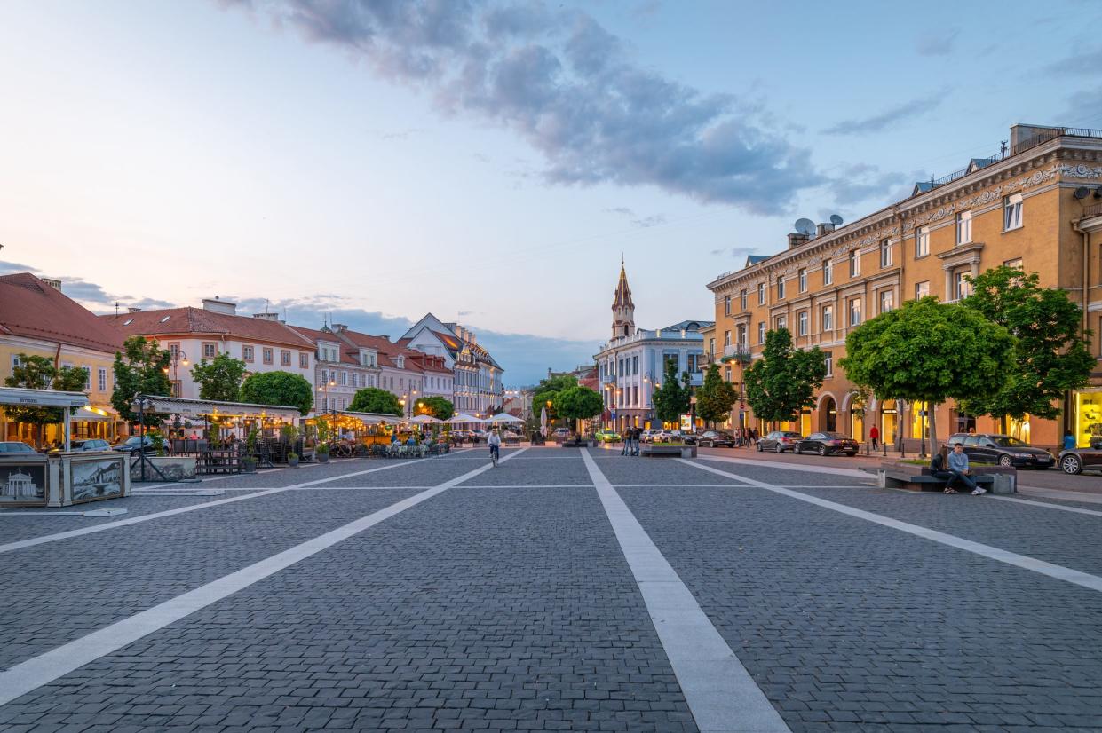 This is a photo of the Town Hall square with bars and restaurants in the old town of Vilnius, Lithuania