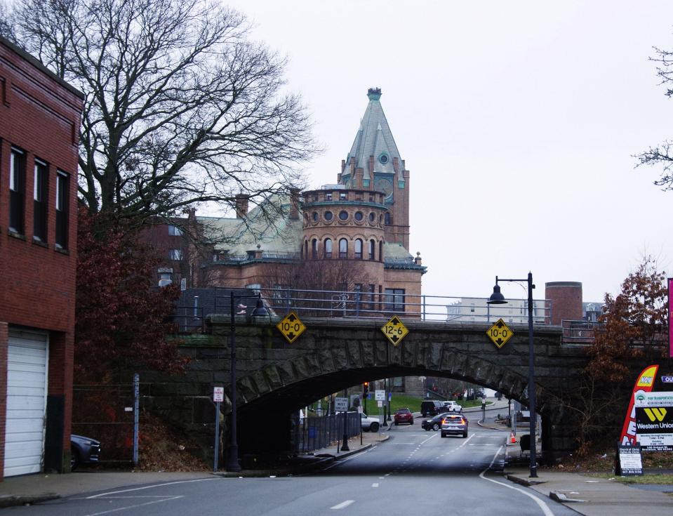 School Street bridge in Brockton with City Hall in the background on Werdnesday, Dec. 27, 2023. Brockton Officials are said to be considering placing fences under the bridges to guard against violent crime.
