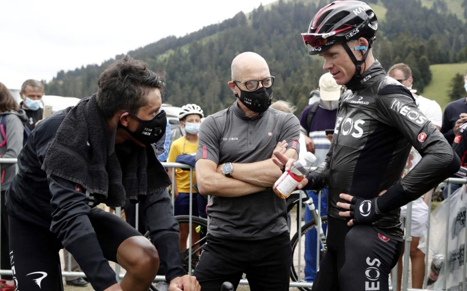 Egan Bernal, Sir Dave Brailsford and Chris Froome — Advantage Egan Bernal over Chris Froome, but Bradley Wiggins backs Geraint Thomas to win Tour de France - GETTY IMAGES