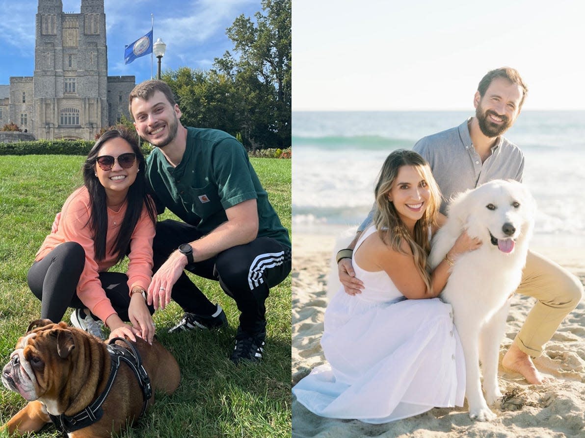 A composition of two couples with their dogs.