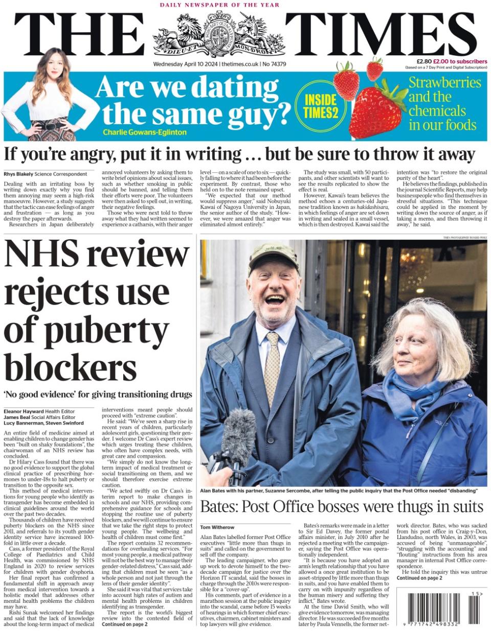 The headline in the Times reads: NHS review rejects use of puberty blockers