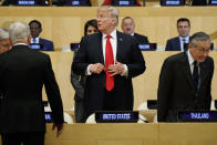 <p>President Donald Trump arrives for the “Reforming the United Nations: Management, Security, and Development” meeting during the United Nations General Assembly, Monday, Sept. 18, 2017, in New York. (Photo: Evan Vucci/AP) </p>