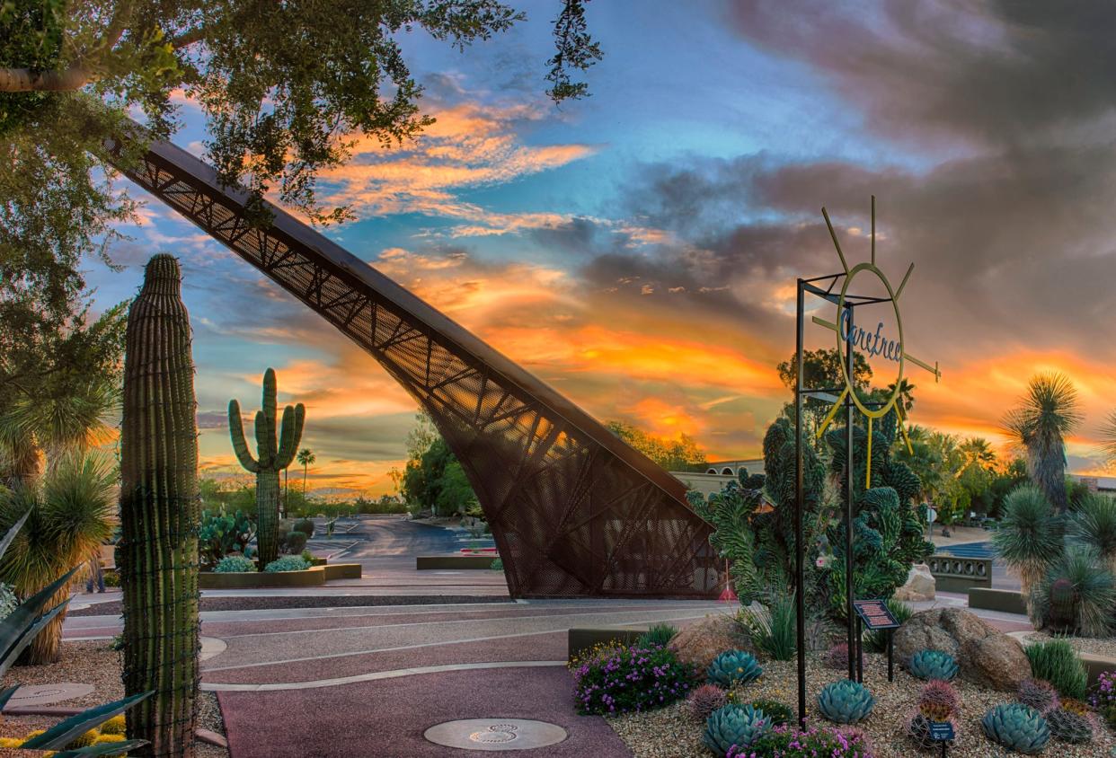 Carefree's iconic sundial looms over Carefree Desert Gardens.