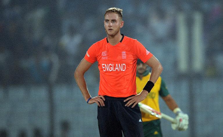 England captain Stuart Broad reacts after a misfield during the ICC World Twenty20 tournament match between England and South Africa at the Zahur Ahmed Chowdhury stadium in Chittagong on March 29, 2014