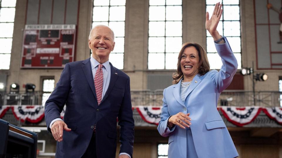 PHOTO: President Joe Biden and Vice President Kamala Harris wave to members of the audience after speaking at a campaign rally at Girard College, May 29, 2024, in Philadelphia, Pennsylvania.  (Andrew Harnik/Getty Images)