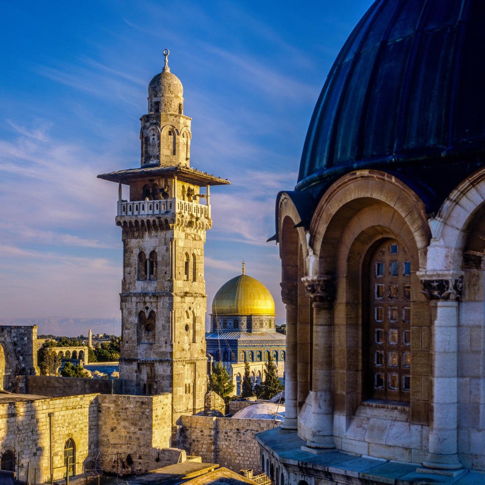 Ecce Homo basilica's dome with Bab Al-Ghawanima minaret and Dome of the Rock Jerusalem - Credit: STOCKFOLIO® / Alamy Stock Photo/STOCKFOLIO® / Alamy Stock Photo