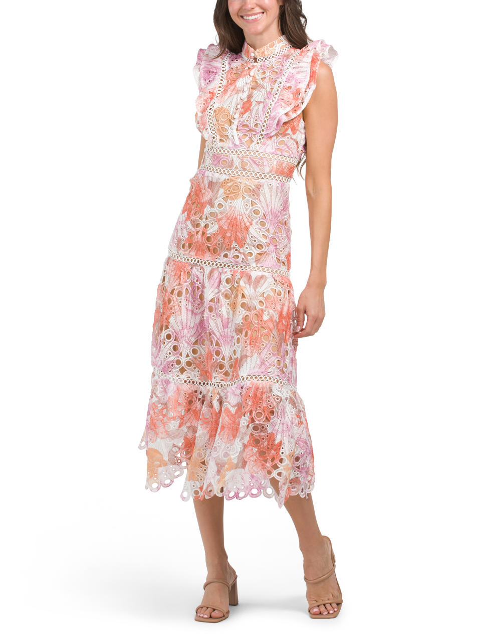 Dalia Macphee Printed Eyelet Ruffle Sleeve Midi Dress