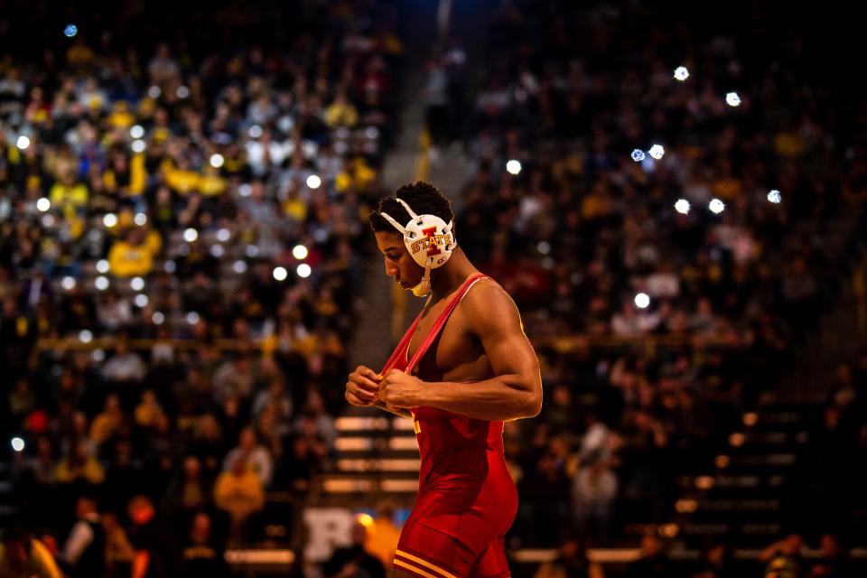 Iowa State's David Carr is introduced before wrestling at 165 pounds during a Cy-Hawk Series dual Dec. 4, 2022, at Carver-Hawkeye Arena in Iowa City.