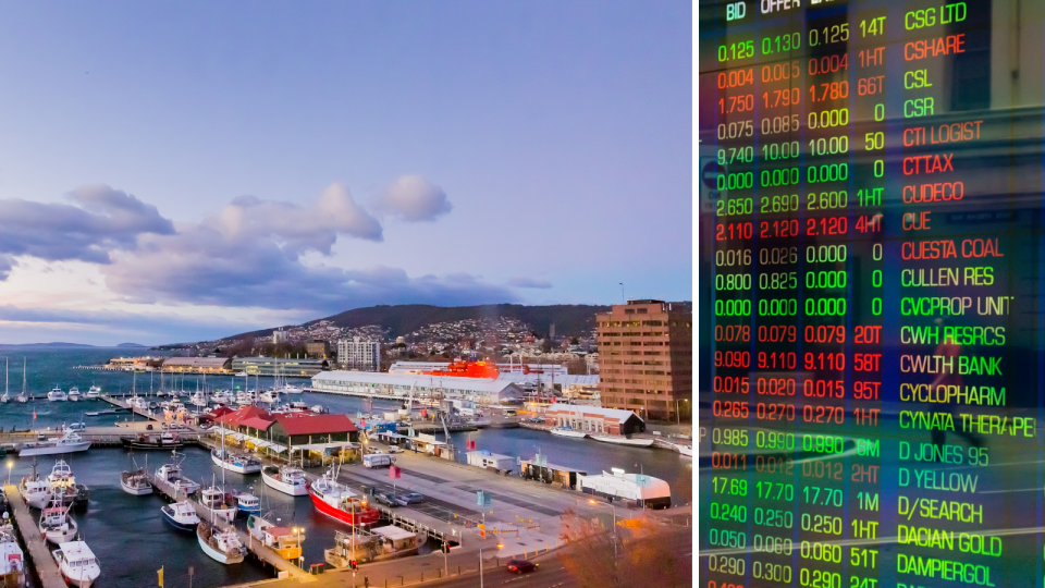 A scenic view of Hobart in Tasmania and theASX board showing price changes.