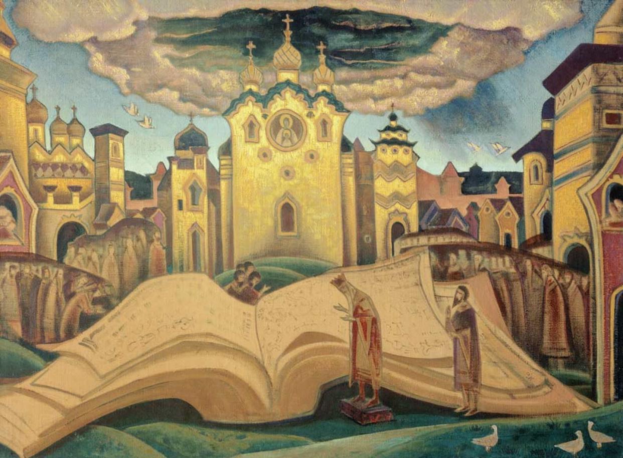 <span class="caption">N. K. Roerich. 'El libro de las palomas' 1922. Museo Estatal de Arte Oriental, Moscú.</span> <span class="attribution"><a class="link " href="https://commons.wikimedia.org/wiki/File:Golubinaya_kniga.jpg" rel="nofollow noopener" target="_blank" data-ylk="slk:Wikimedia Commons;elm:context_link;itc:0;sec:content-canvas">Wikimedia Commons</a></span>