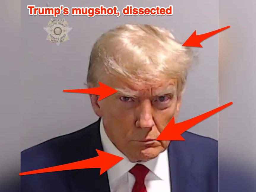 Donald Trump's mugshot, dissected, with red arrows pointing at his hair, eyebrows, mouth, and chin.