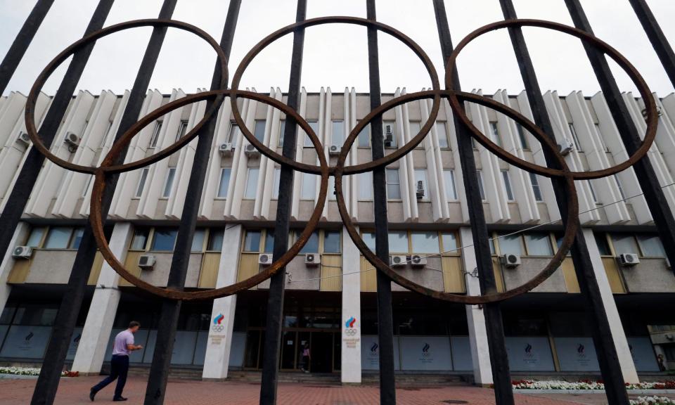 <span>An exterior view of the Russian Olympic Committee headquarters and the Russian Athletics Federation office in Moscow.</span><span>Photograph: Yuri Kochetkov/EPA</span>