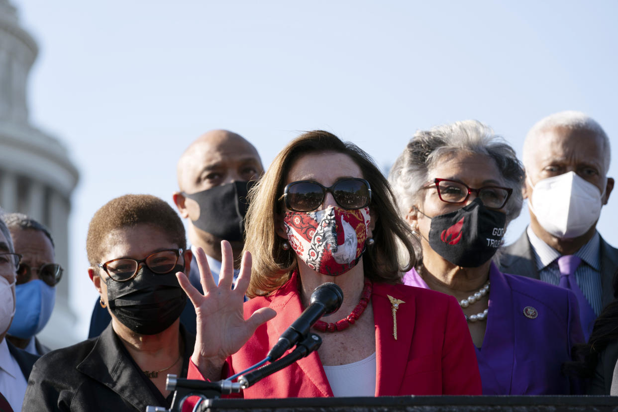 House Speaker Nancy Pelosi speaks on Capitol Hill Tuesday after a jury found Derek Chauvin guilty of murder and manslaughter in the death of George Floyd. (AP Photo/Jose Luis Magana)
