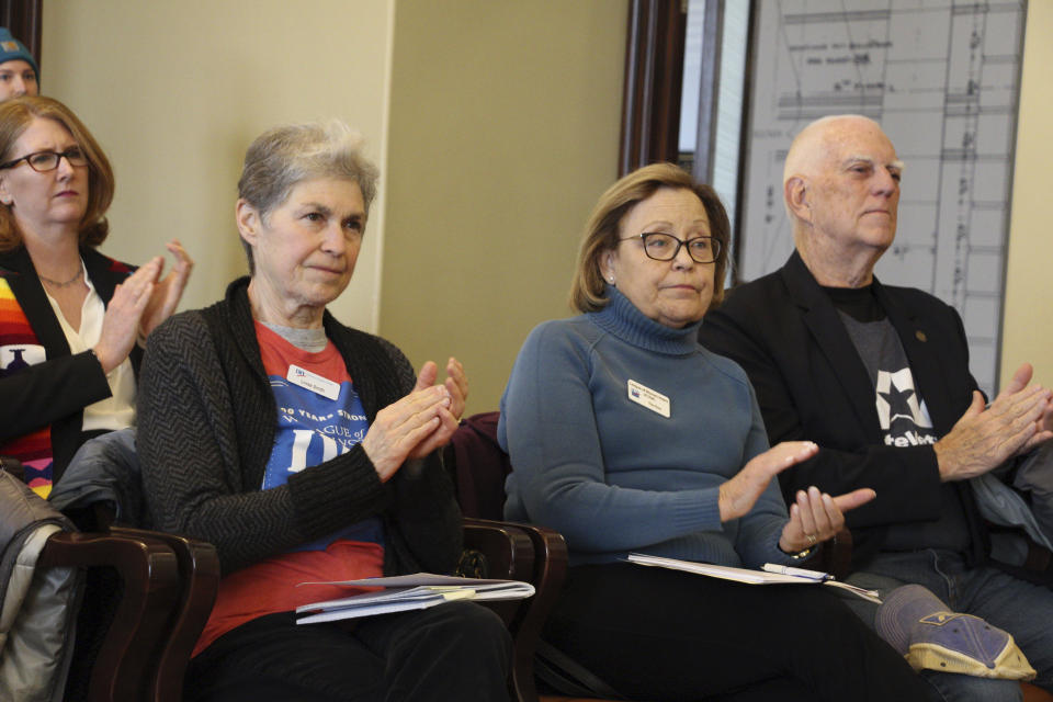 Utah gun control advocates gather Monday, March 4, 2024, at the state Capitol in Salt Lake City to urge Republican Gov. Spencer Cox to veto a bill providing free tactical training to Utah teachers who want to bring guns to campus. (AP Photo/Hannah Schoenbaum)