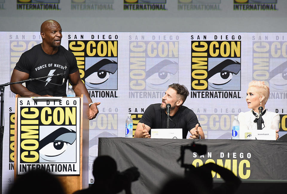 <p>Moderator Terry Crews, director David Ayer, and Noomi Rapace at Netflix Films Comic-Con panel on July 20, 2017, in San Diego. (Photo: Kevin Winter/Getty Images) </p>