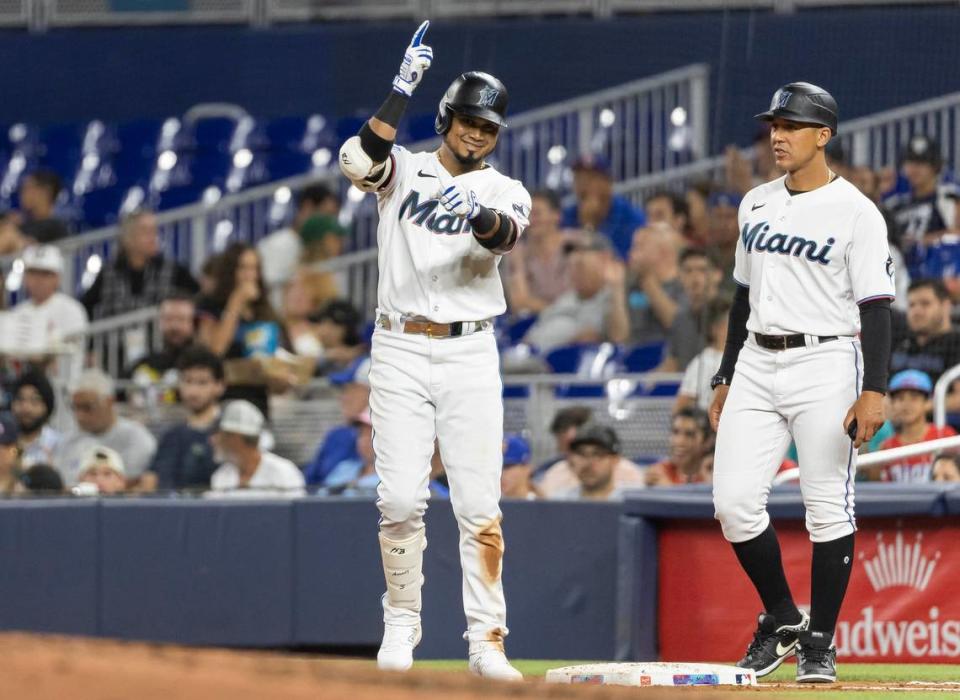 Miami Marlins second baseman Luis Arraez (3) reacts after hitting a single against the Toronto Blue Jays in the third inning of an MLB game at loanDepot park on Monday, June 19, 2023, in Miami, Fla.