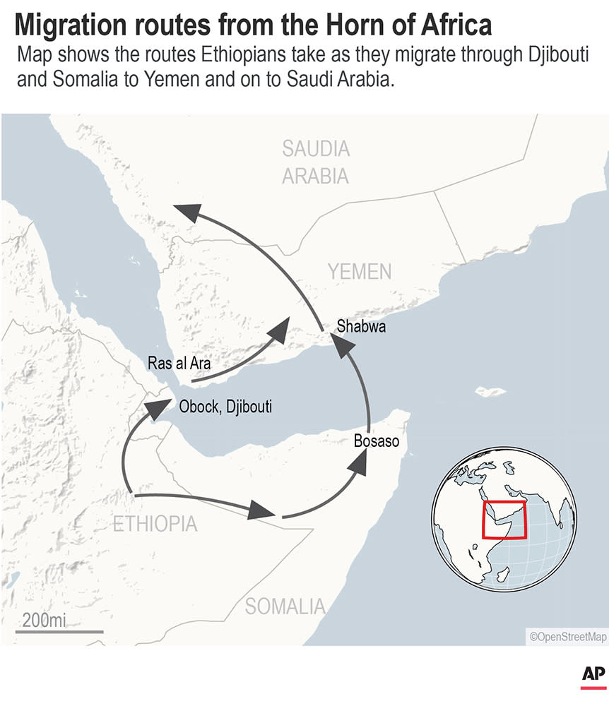 Migration routes Ethiopians take to Yemen and on to Saudia Arabia.;