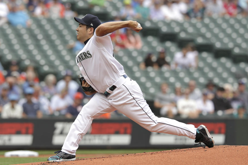 Seattle Mariners starting pitcher Yusei Kikuchi throws during the second inning of a baseball game against the Houston Astros, Wednesday, July 28, 2021, in Seattle. (AP Photo/Jason Redmond)