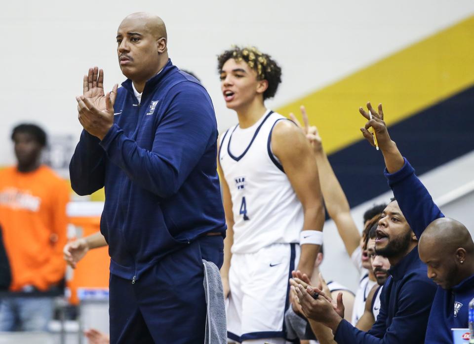 Warren Central head coach William Unseld watches his team take a lead on DeSales during Friday's Chad Gardner Law King of the Bluegrass Holiday Classic in Fairdale. Dec. 16, 2022 