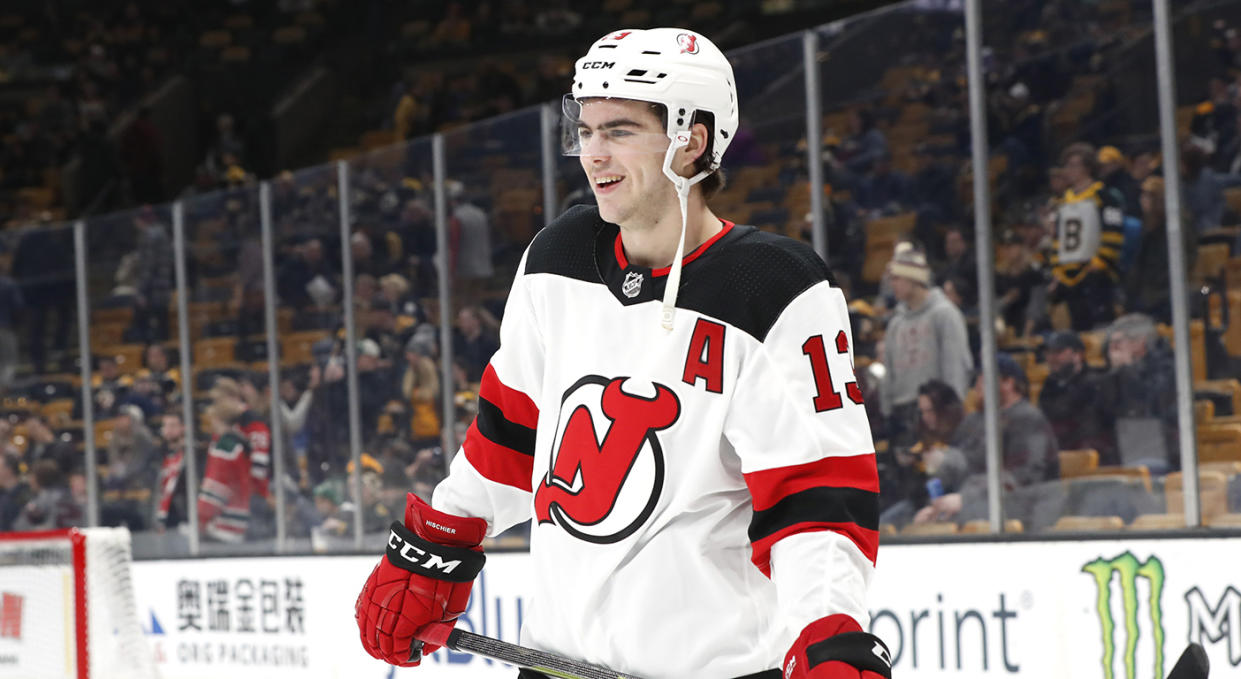 BOSTON, MA - MARCH 02: New Jersey Devils center Nico Hischier (13) laughs in warm up before a game between the Boston Bruins and the New Jersey Devils on March 2, 2019, at TD Garden in Boston, Massachusetts. (Photo by Fred Kfoury III/Icon Sportswire via Getty Images)