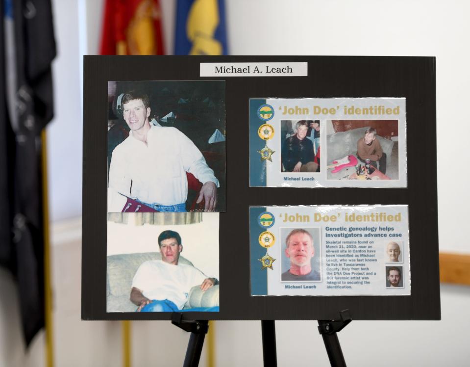 Photos of late Dover resident Michael Allan Leach are displayed during a news conference Thursday, July 25, 2024, about the identification of his remains, which were found in southern Stark County in 2020.