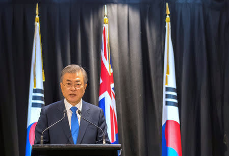 South Korean President Moon Jae-in speaks during a media conference in Auckland, New Zealand, December 4, 2018. REUTERS/Peter Meecham