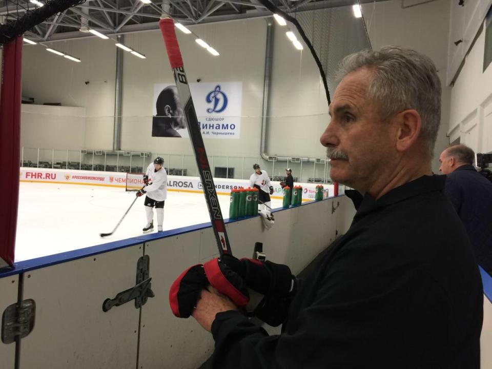 Medicine Hat Tigers coach and general manager Willie Desjardins, a former NHL coach who also coached Canada's 2018 Olympic men's hockey team, said the way Gavin McKenna, 14, sees the ice places him among the top players Desjardins's ever worked with in his career. (Corinne Seminoff/CBC - image credit)