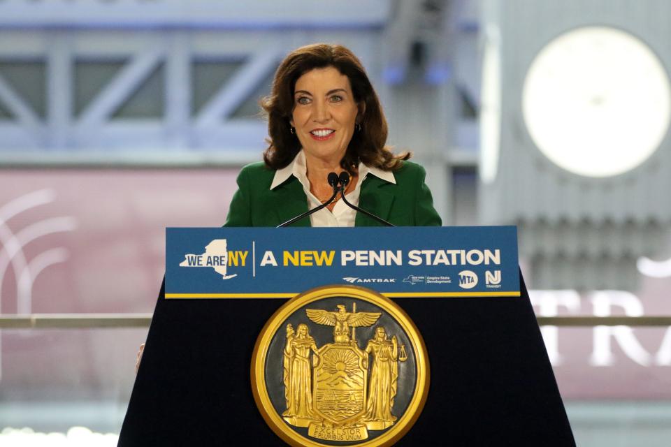 Governor Kathy Hochul is shown during a press conference at Moynihan Train Station as she talks about the future of Penn Station, which will be redesigned. Thursday, June 9, 2022