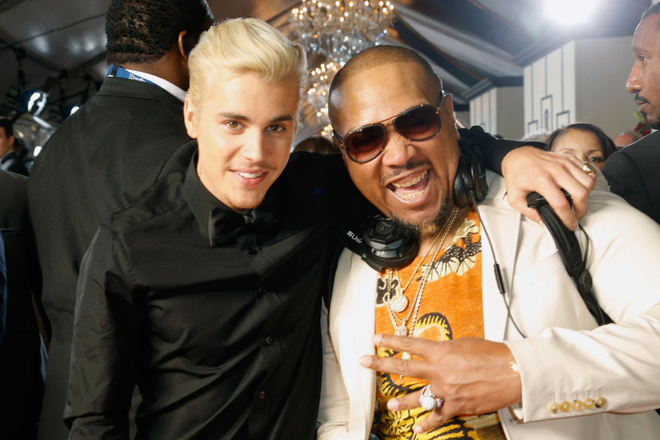 LOS ANGELES, CA - FEBRUARY 15:  Recording artist Justin Bieber (L) and record producer Timbaland attend The 58th GRAMMY Awards at Staples Center on February 15, 2016 in Los Angeles, California.  (Photo by Jeff Vespa/WireImage)