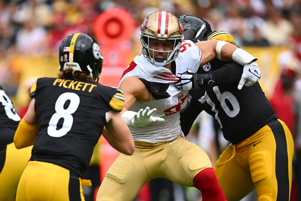 PITTSBURGH, PENNSYLVANIA - SEPTEMBER 10: Nick Bosa #97 of the San Francisco 49ers tries to get in to the backfield against Chukwuma Okorafor #76 of the Pittsburgh Steelers in the second quarter of a game at Acrisure Stadium on September 10, 2023 in Pittsburgh, Pennsylvania. (Photo by Joe Sargent/Getty Images)