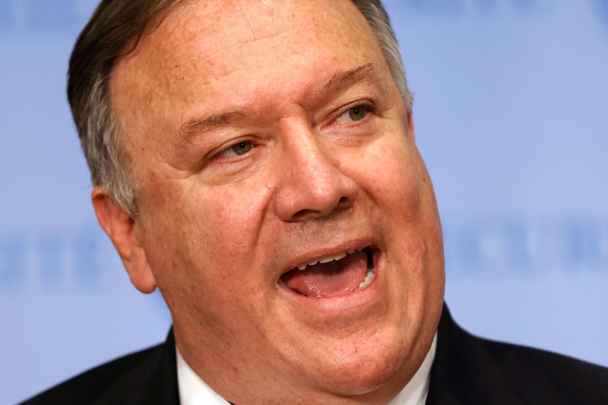 US Secretary of State Mike Pompeo speaks to reporters following a meeting with members of the UN Security Council about Iran's alleged non-compliance with a nuclear deal and calling for the restoration of sanctions against Iran at United Nations headquarters in New York, August 20, 2020. (Photo by MIKE SEGAR / POOL / AFP) (Photo by MIKE SEGAR/POOL/AFP via Getty Images)