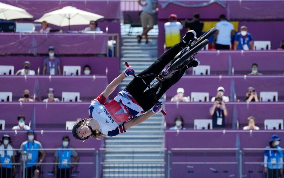 Charlotte Worthington of Britain competes in the women's BMX freestyle final at the 2020 Summer Olympics, Sunday, Aug. 1, 2021, in Tokyo, Japan. - AP