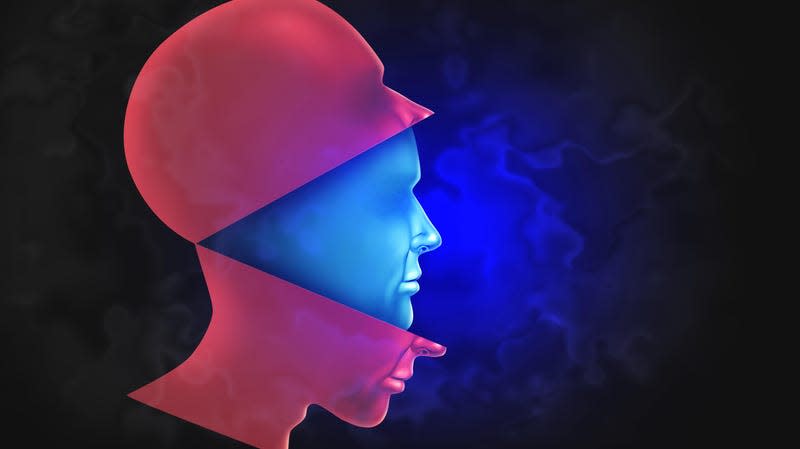 An artistic image of a person's head being enclosed by a fake head.