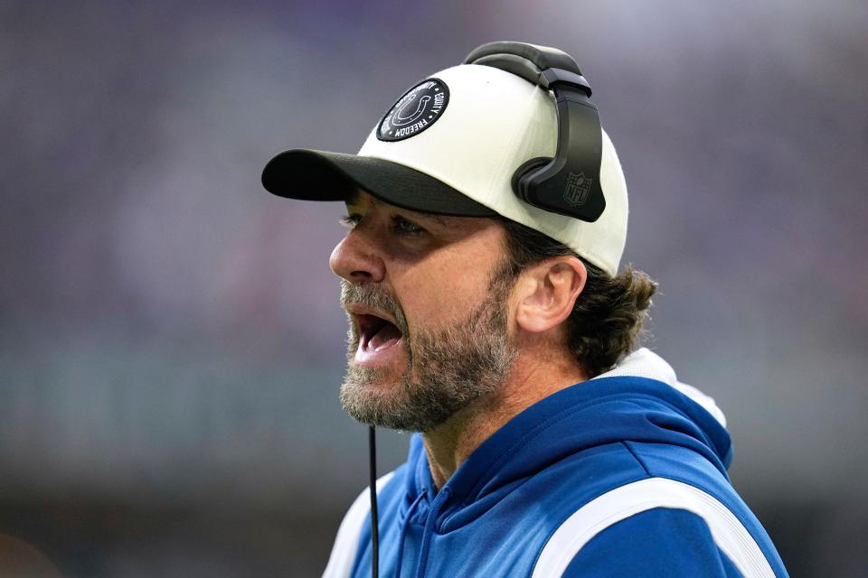 Indianapolis Colts interim head coach Jeff Saturday watches from the sideline during the first half of an NFL football game against the Minnesota Vikings, Saturday, Dec. 17, 2022, in Minneapolis.