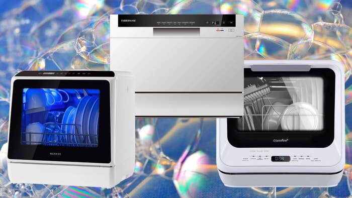 A Novete compact dishwasher, a professional dishwasher by Farberware and a Comfee countertop dishwasher.